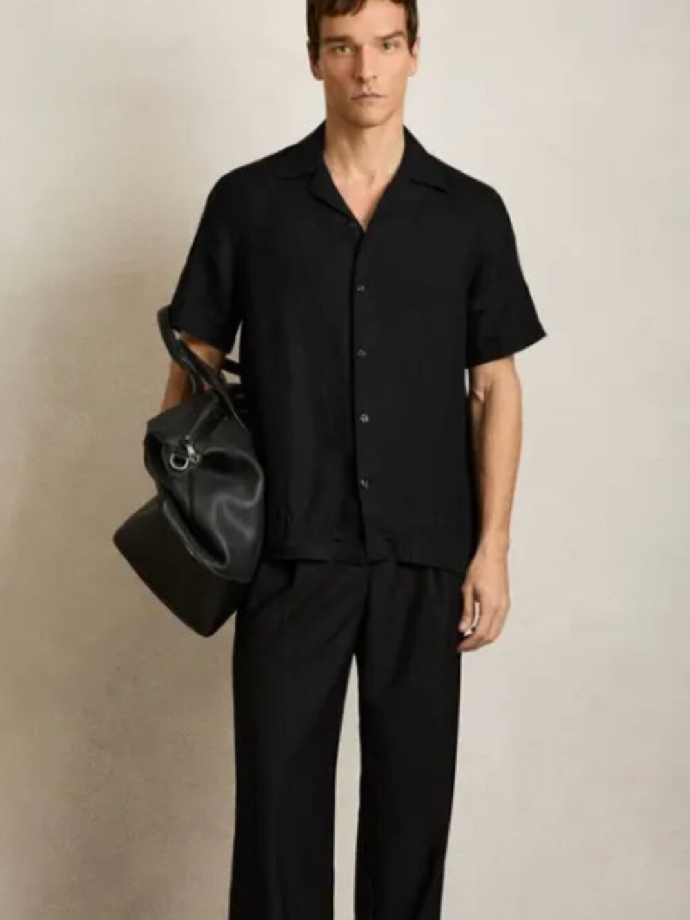 Reiss Beldi Linen Cuban Collar Shirt Size XS Black